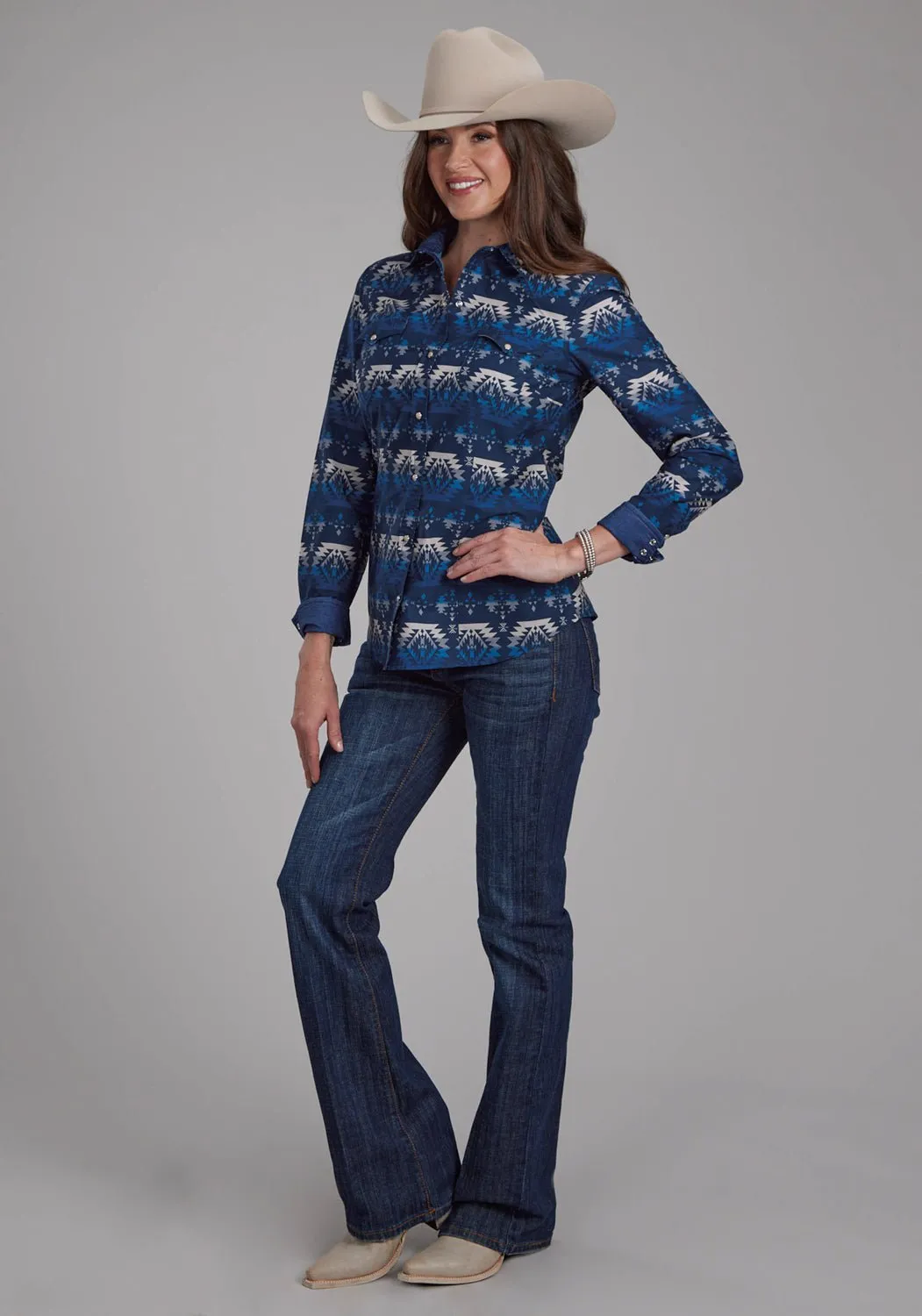 Roper Womens 2168 Ombre Aztec Blue 100% Cotton L/S Shirt On-The-Go Style Striped Design