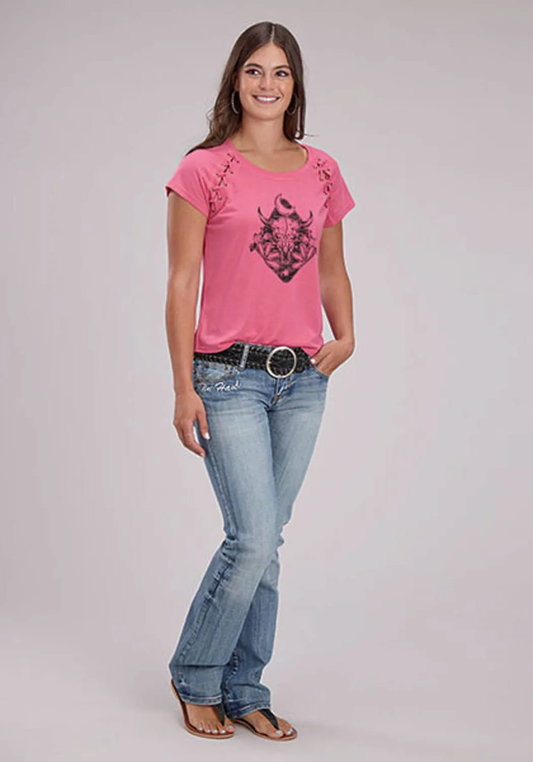 Roper Womens Longhorn Self Tie Pink Poly/Rayon S/S T-Shirt Cool Comfort