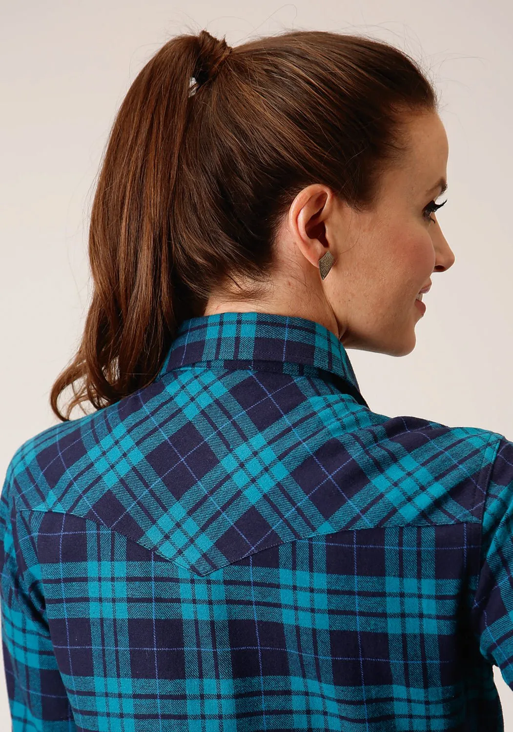 Roper Womens Unlined Flannel Blue/Turquoise 100% Cotton L/S Shirt Workwear Style