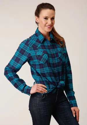 Cool Look Roper Womens Unlined Flannel Blue/Turquoise 100% Cotton L/S Shirt Streamlined Design Thermal regulation Roper Womens Unlined Flannel Blue/Turquoise 100% Cotton L/S Shirt