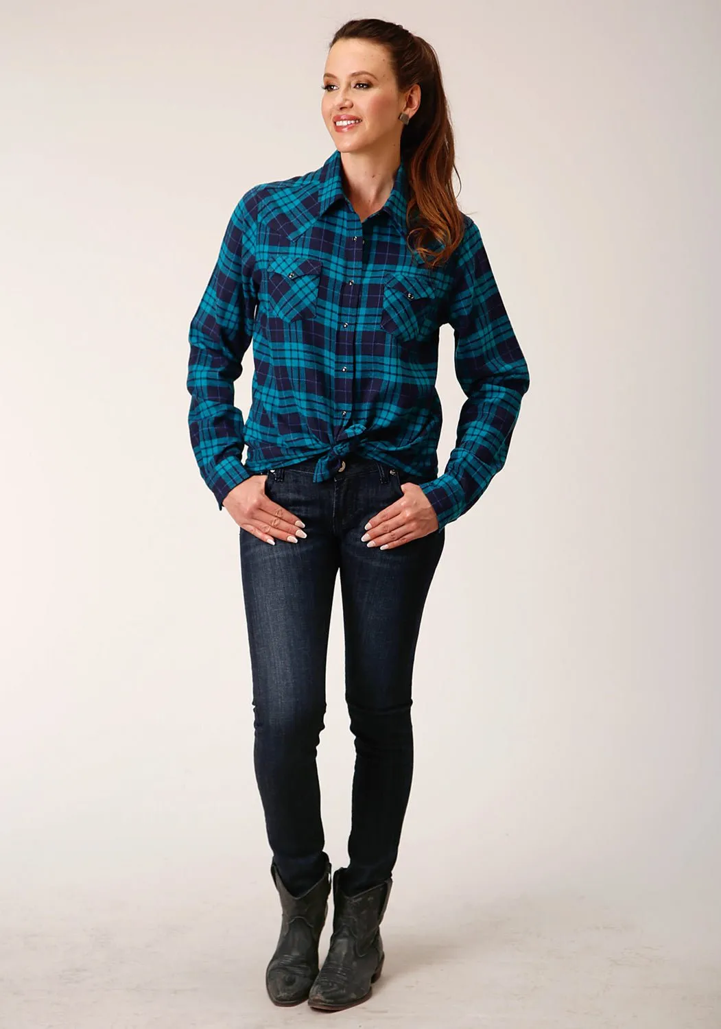 Roper Womens Unlined Flannel Blue/Turquoise 100% Cotton L/S Shirt Stylish Design Stylish Element