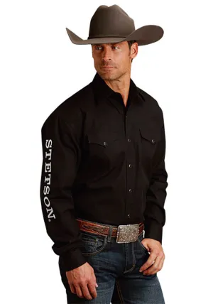 Cool Look Stetson Mens Western Logo Sleeve Black 100% Cotton L/S Shirt Two Tone Stitching vacation wear Stetson Mens Western Logo Sleeve Black 100% Cotton L/S Shirt