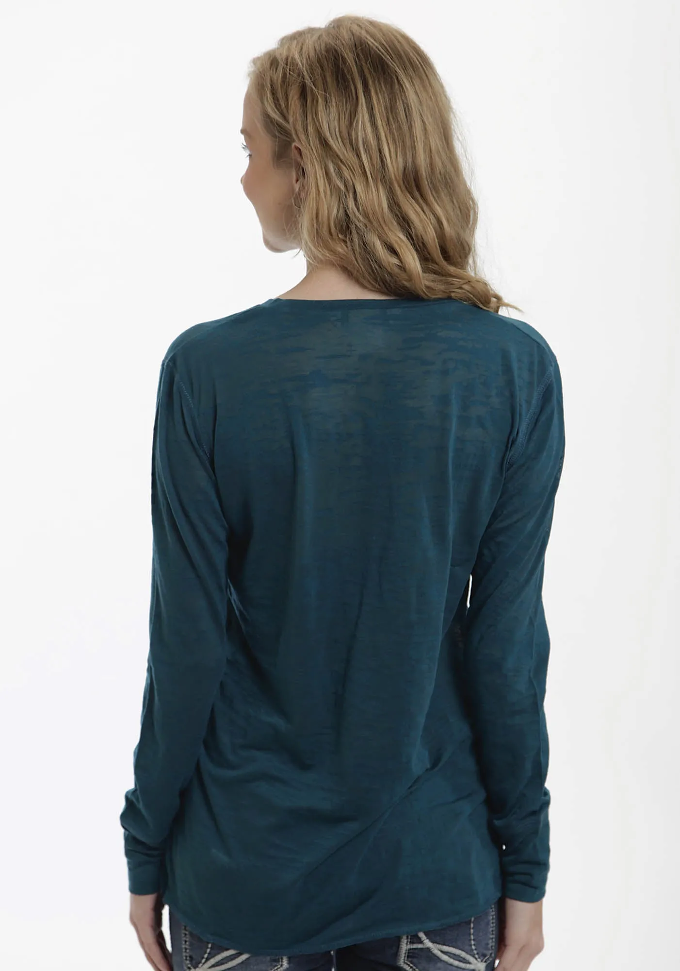 Stylish Casual Affordable Beach Day Ouray Womens Navy Blue 100% Cotton USA L/S Burnout T-Shirt