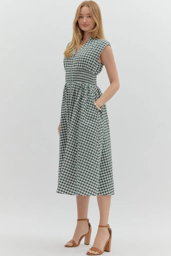Night Charm Elizabeth Gingham Zip Front Midi Dress