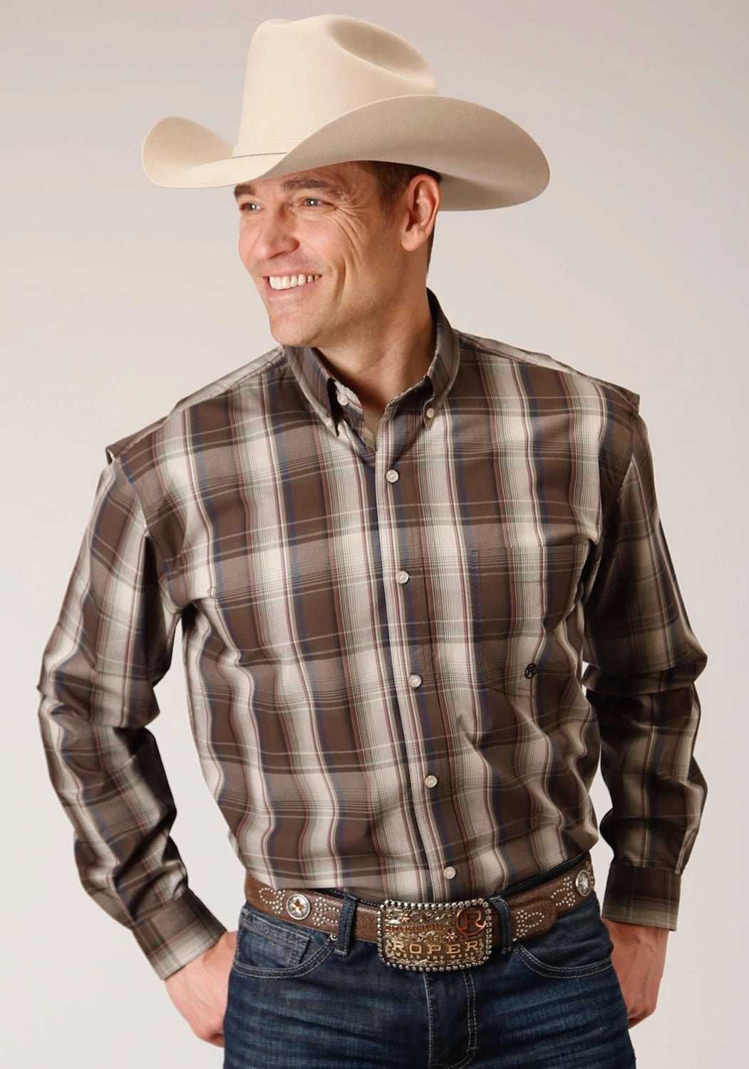 Sustainable production Seasonal Fashion Roper Mens Brown 100% Cotton Pinewood Plaid BD L/S 1 Pkt Shirt