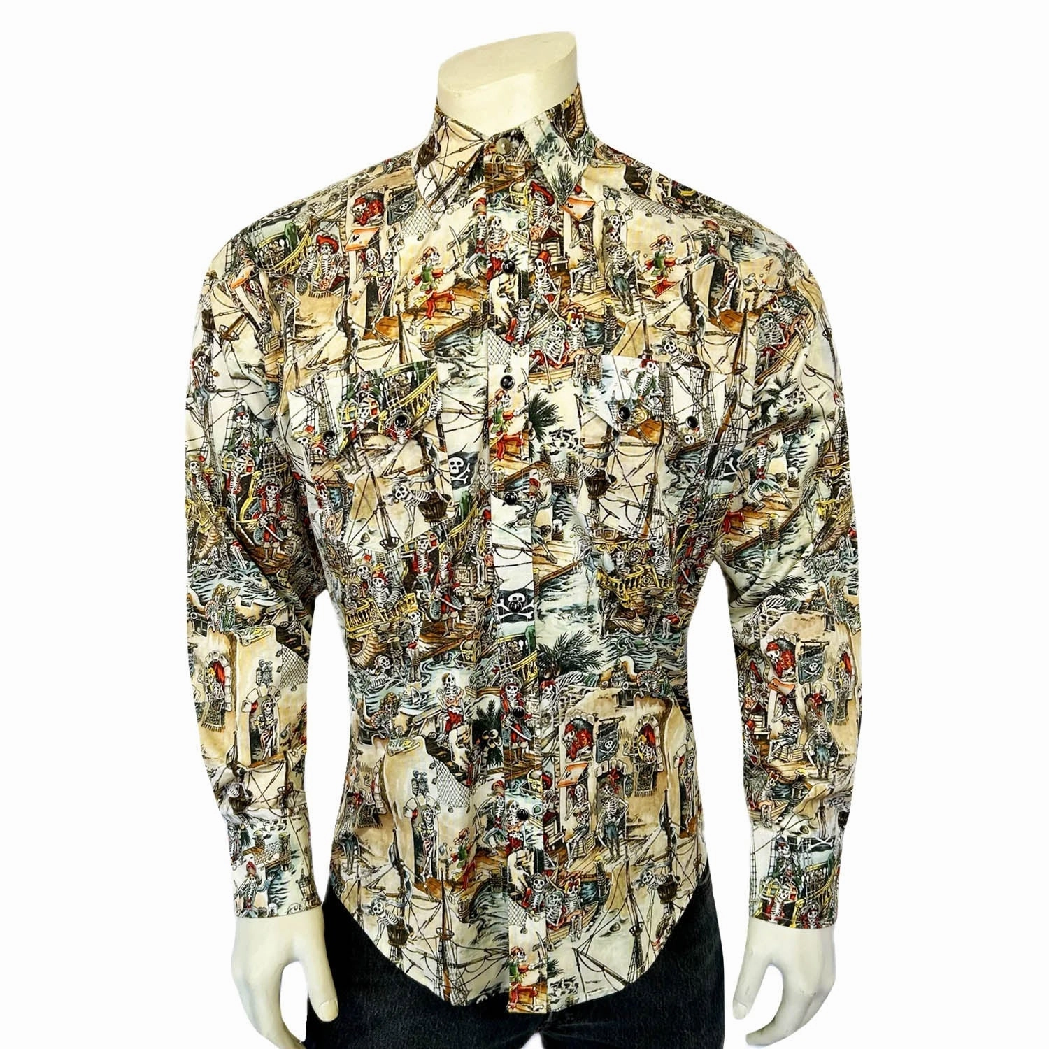 Compact Fold Design Contemporary Look Rockmount Mens Dead Pirates Western Tan 100% Cotton L/S Shirt