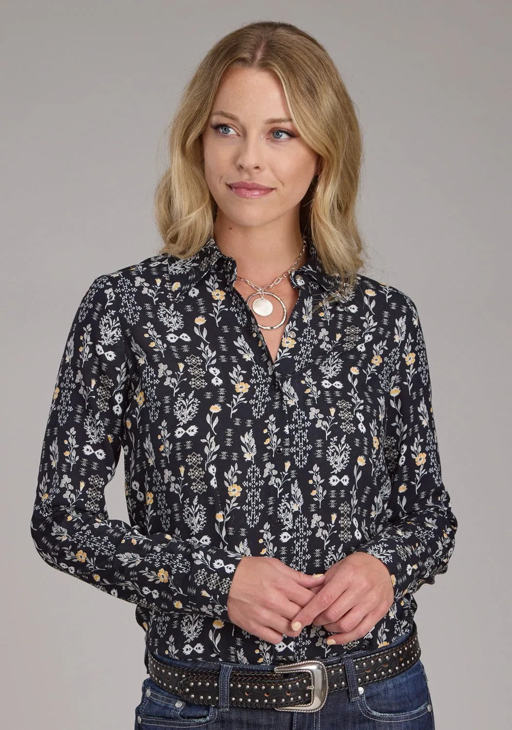 Roper Womens 2422 Floral Print Vintage Black 100% Rayon L/S Shirt Embroidered Logo Casual Layer