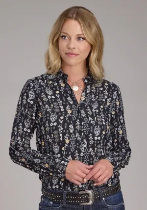 Cooling Technology Roper Womens 2422 Floral Print Vintage Black 100% Rayon L/S Shirt Roper Womens 2422 Floral Print Vintage Black 100% Rayon L/S Shirt Embroidered Logo Casual Layer