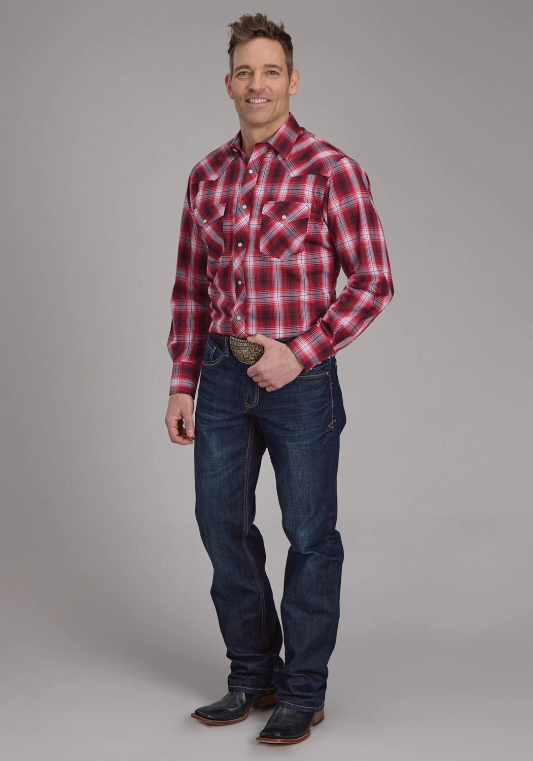 Comfort Fit Roper Mens 2131 Plaid Red/White Cotton Blend L/S Shirt