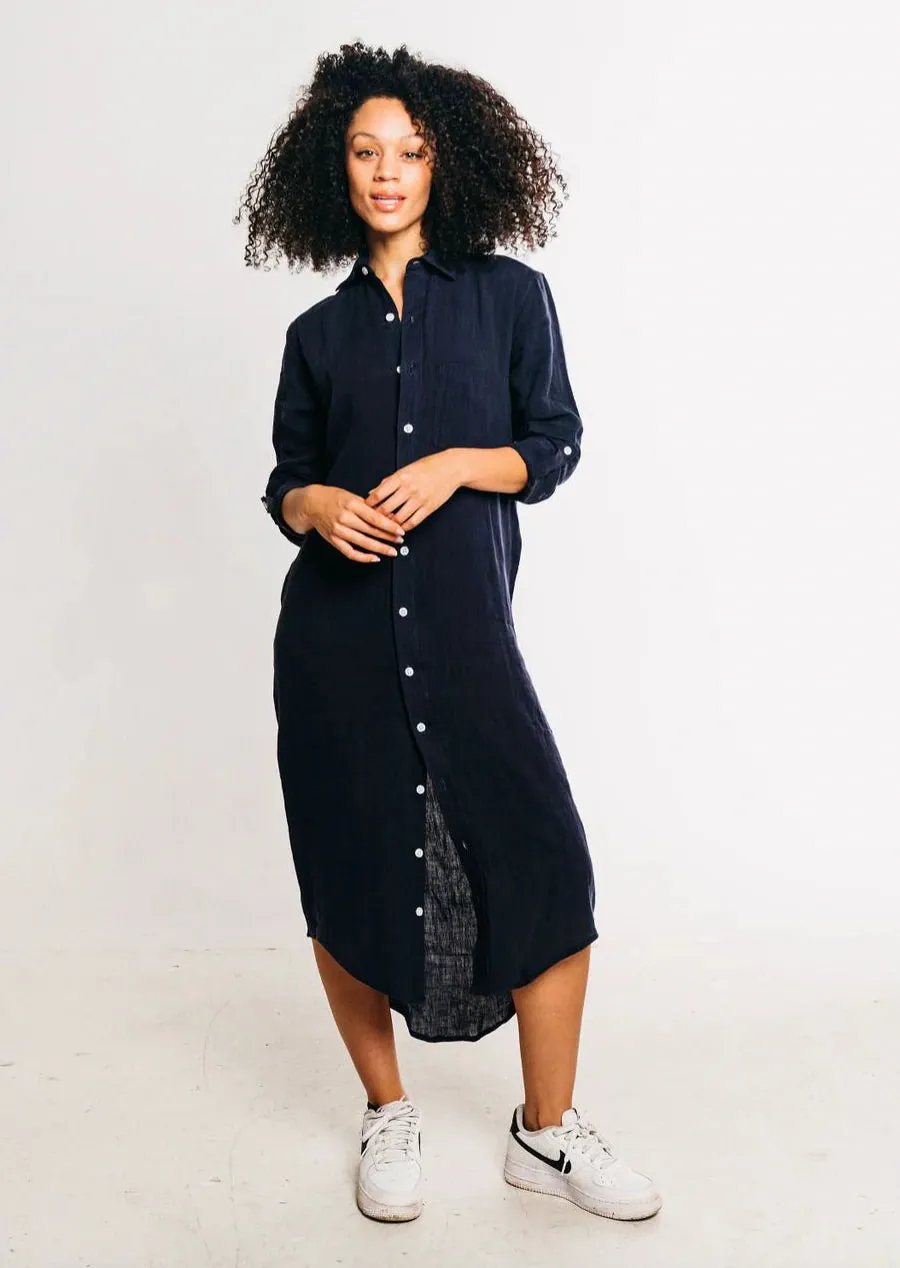 Girlfriend Midi Dress in Navy Linen Festive Mood Retro Detail