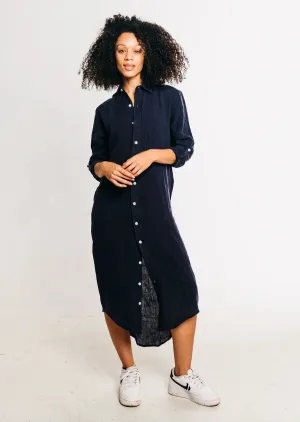 Coral Hue Girlfriend Midi Dress in Navy Linen Girlfriend Midi Dress in Navy Linen Festive Mood Retro Detail