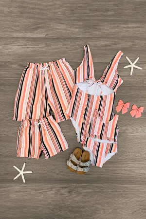 Coral Striped Family Swimsuits