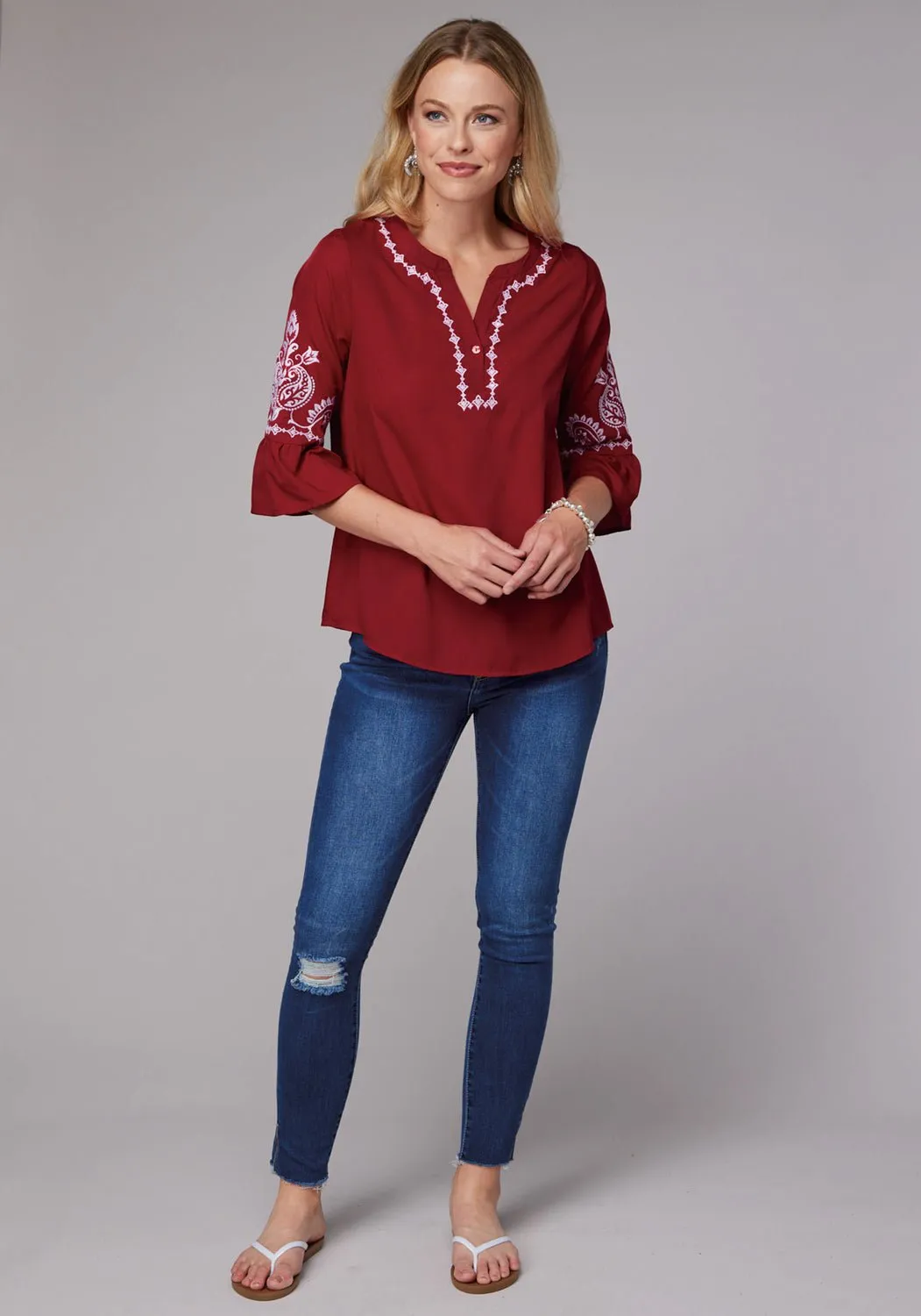 Ethical production Roper Womens Bell Sleeve Pullover Red 100% Polyester S/S Blouse