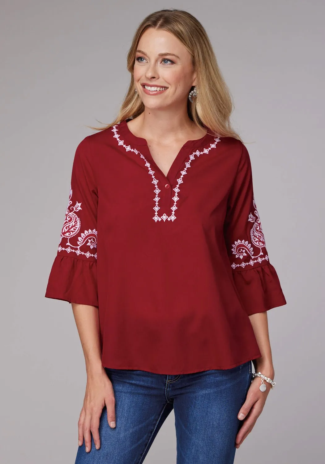 Fade Resistant Formula Roper Womens Bell Sleeve Pullover Red 100% Polyester S/S Blouse