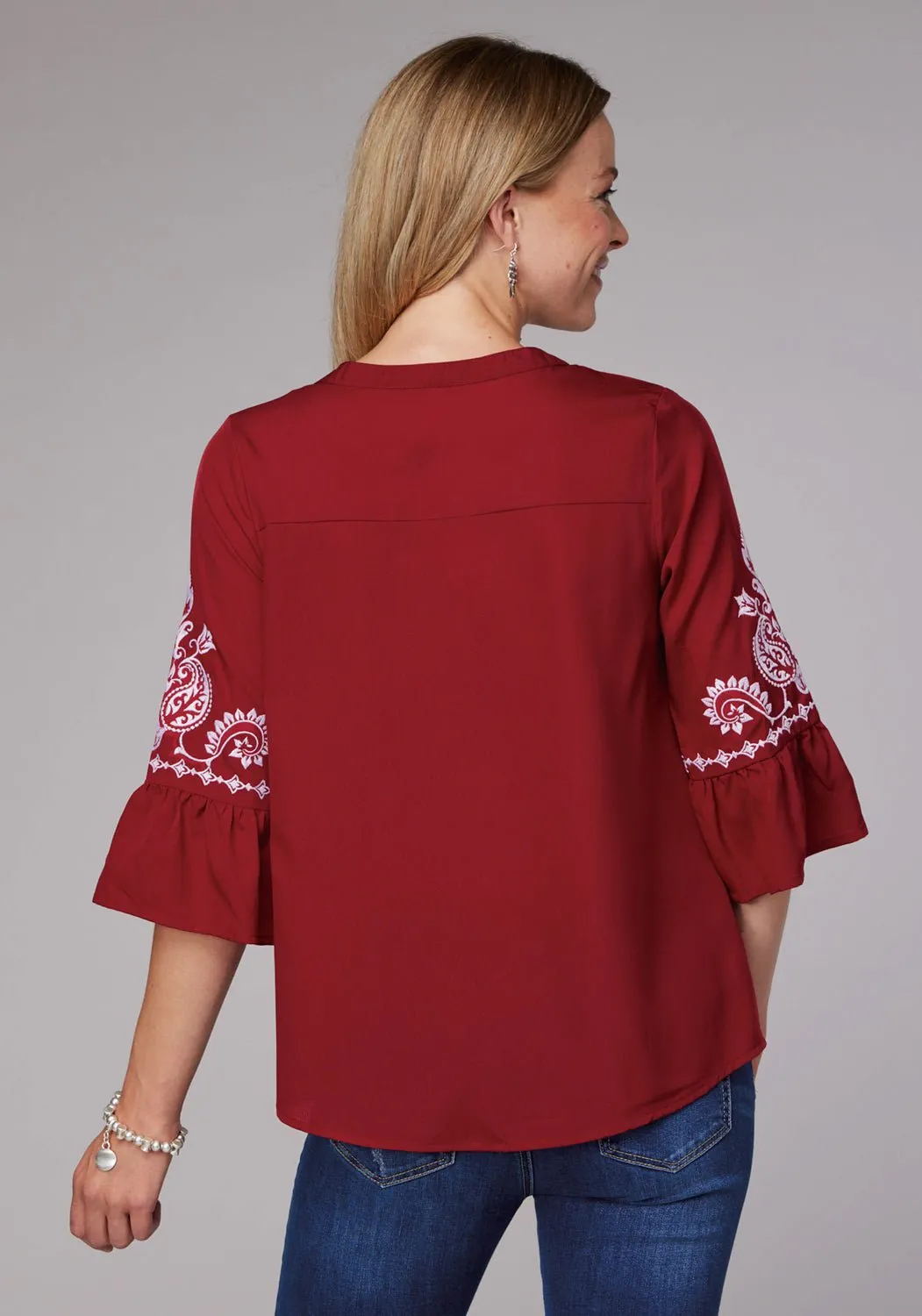 Roper Womens Bell Sleeve Pullover Red 100% Polyester S/S Blouse Lace Accent Abrasion Resistant Edges