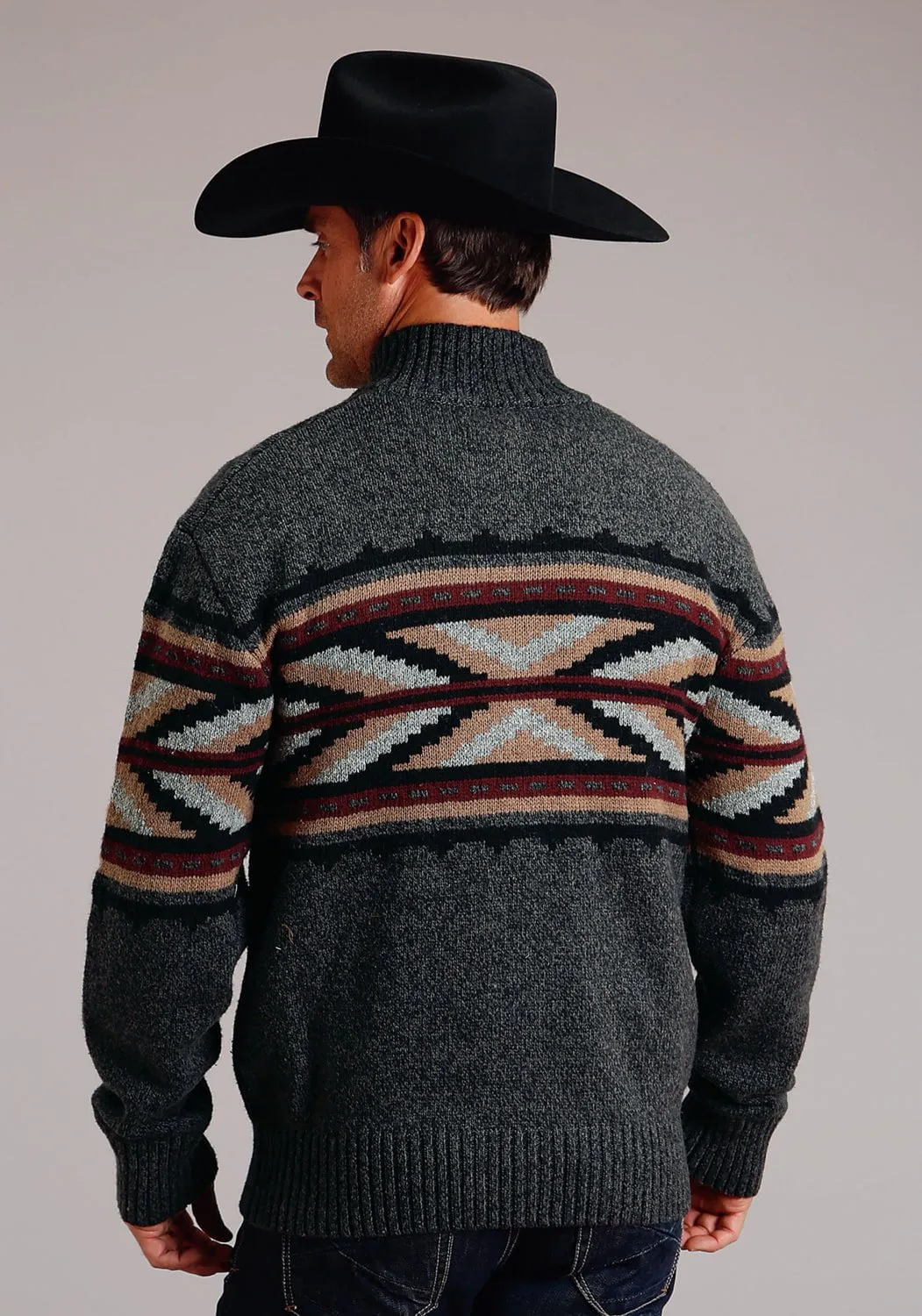 Stetson Mens Arrow Border Grey Cotton/Wool L/S Cardigan Sweater Social Meetup