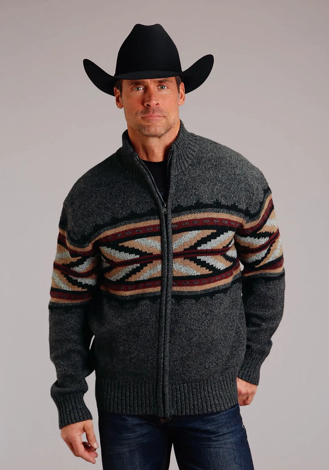 Stetson Mens Arrow Border Grey Cotton/Wool L/S Cardigan Sweater Neutral Tones Summer Camp