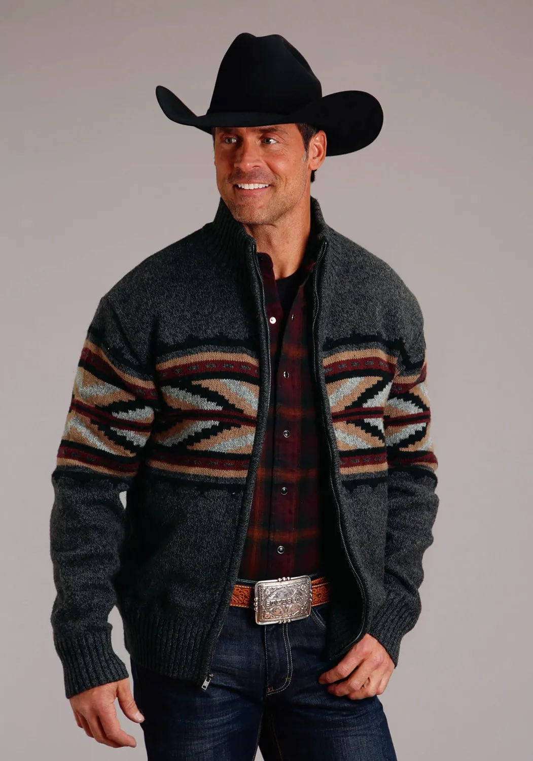 Stetson Mens Arrow Border Grey Cotton/Wool L/S Cardigan Sweater Short Sleeve