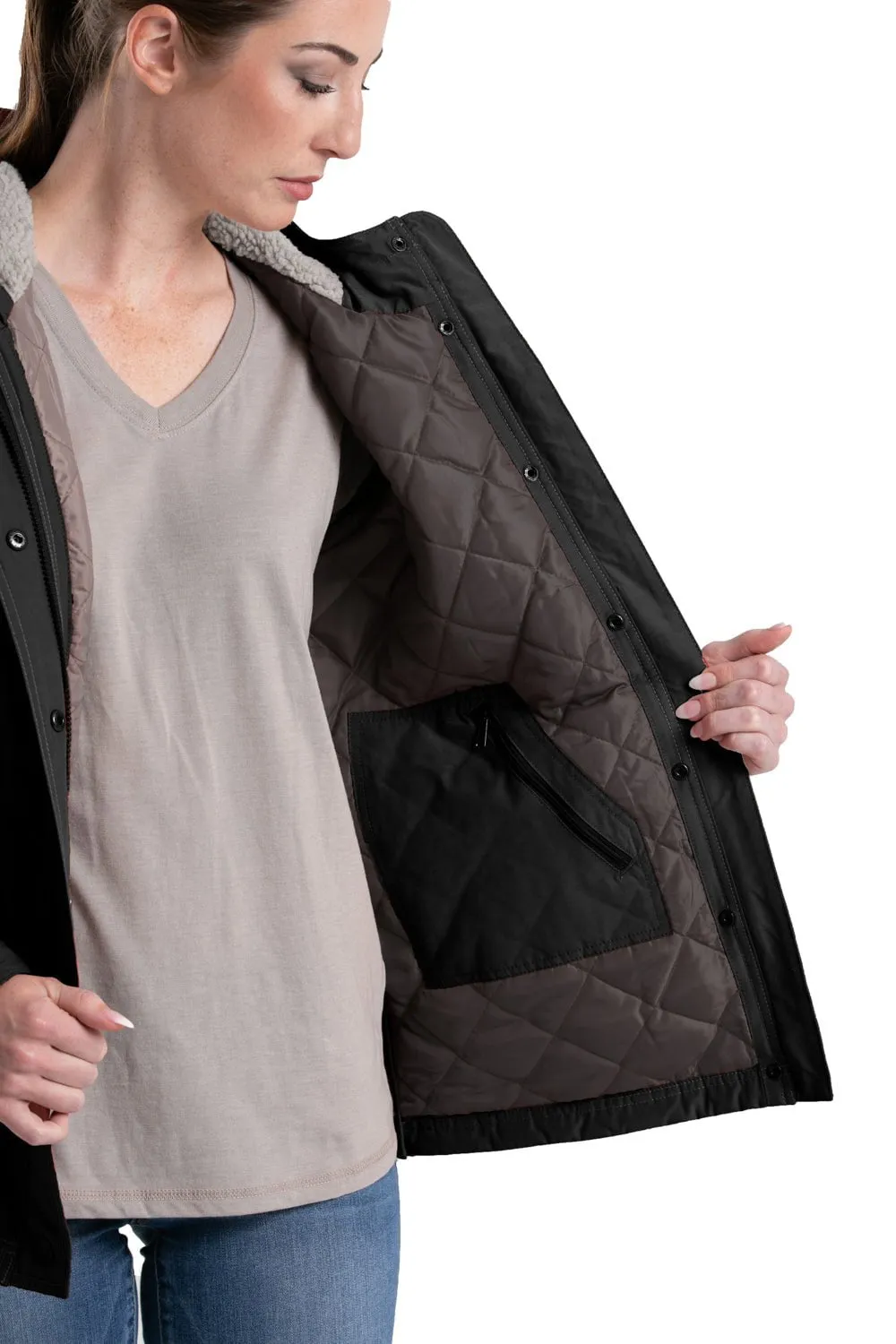 Multi Layer Knee Reinforcement Berne Womens Softstone Micro-Duck Hooded Black Cotton Blend Coat