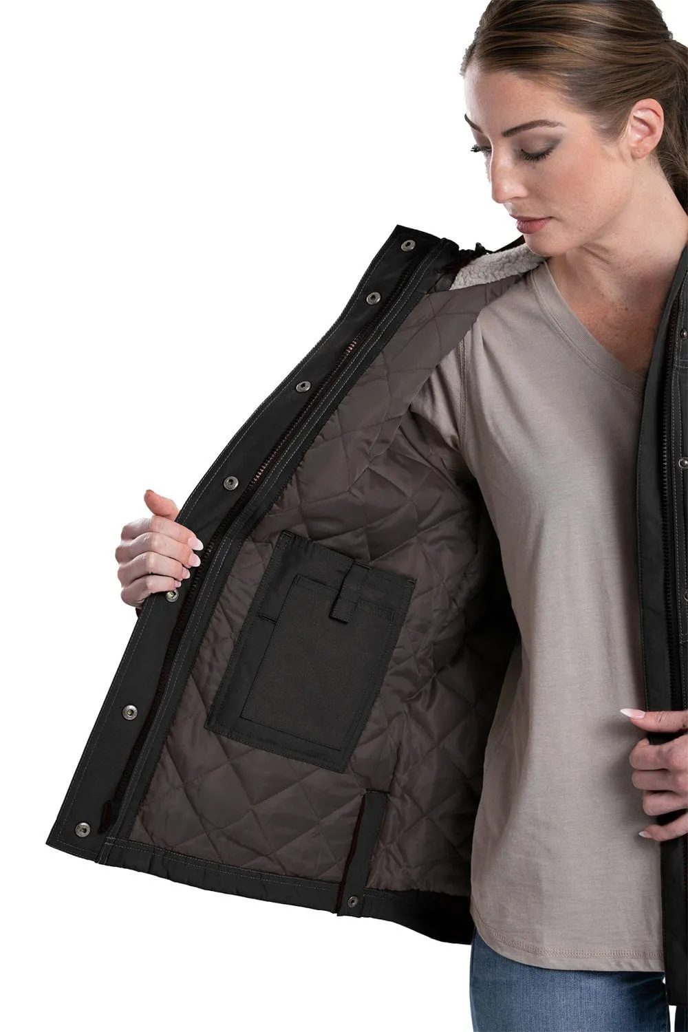 Berne Womens Softstone Micro-Duck Hooded Black Cotton Blend Coat Clean Base