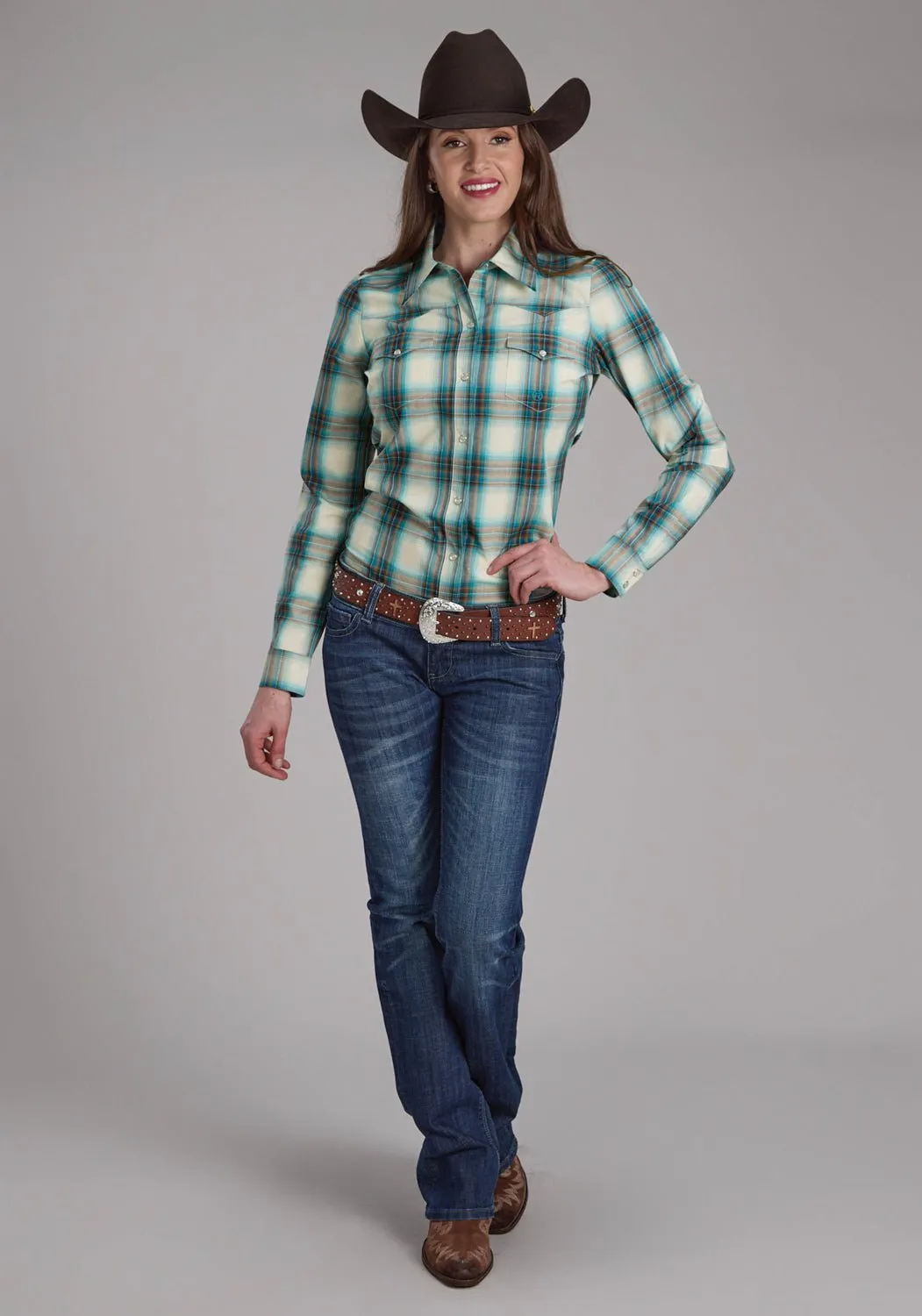 Roper Womens Taos Ombre Plaid Brown 100% Cotton L/S Shirt Cooling Mesh Lining Bamboo Fiber Blend