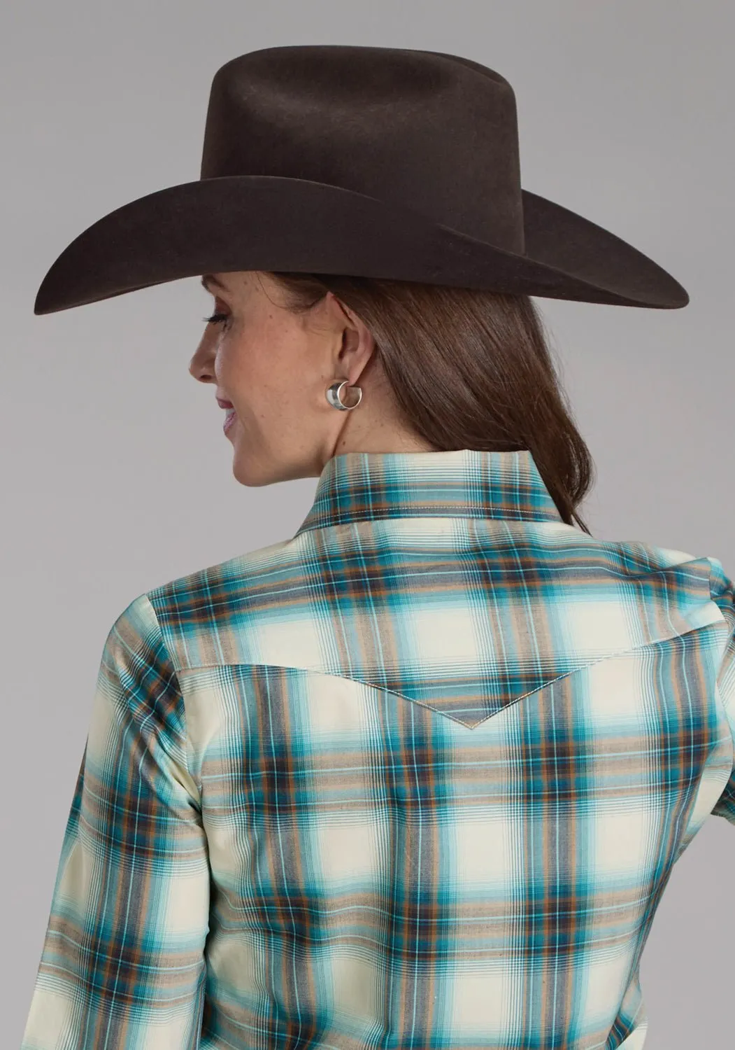 Waffle Weave Roper Womens Taos Ombre Plaid Brown 100% Cotton L/S Shirt