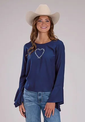 Coverstitch Hem Roper Womens Barbwire Heart Blue 100% Rayon L/S Tunic Embellished Neckline Roper Womens Barbwire Heart Blue 100% Rayon L/S Tunic