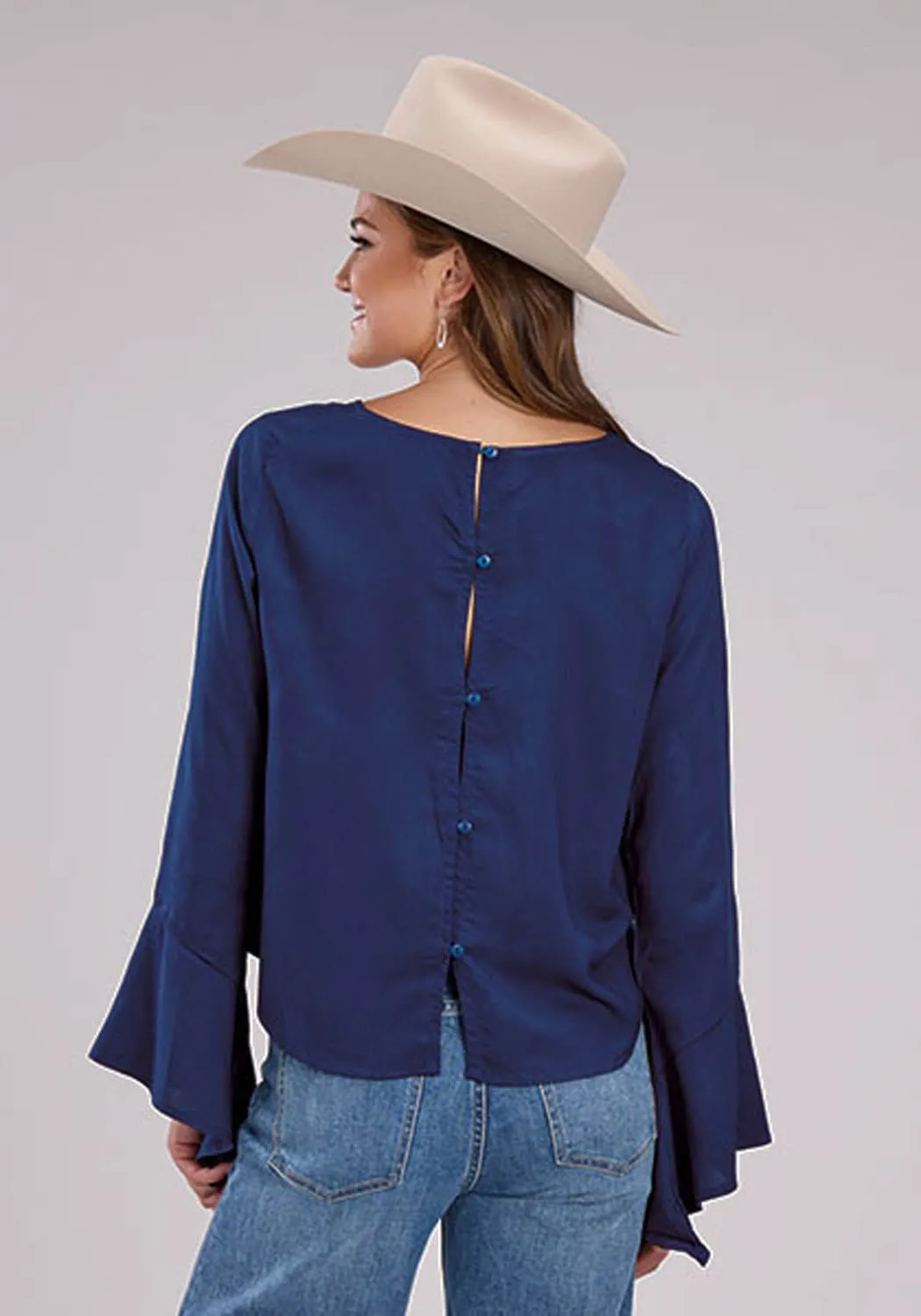 Roper Womens Barbwire Heart Blue 100% Rayon L/S Tunic Micro Perforated Texture Roomy Cut