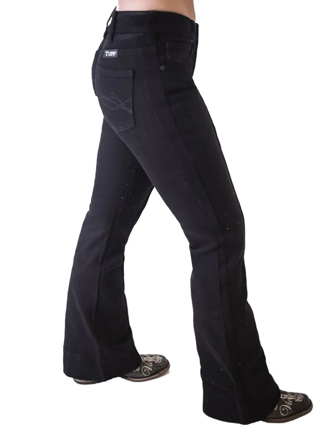 Versatile Waist Design Cowgirl Tuff Womens Bling Flare Black Cotton Blend Jeans