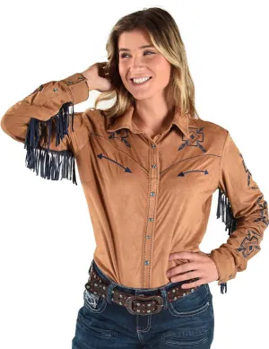Cowgirl Tuff Womens Blue Fringe Pullover Tan Polyester L/S Shirt Dressy look Comfy Fit gender-neutral Cowgirl Tuff Womens Blue Fringe Pullover Tan Polyester L/S Shirt