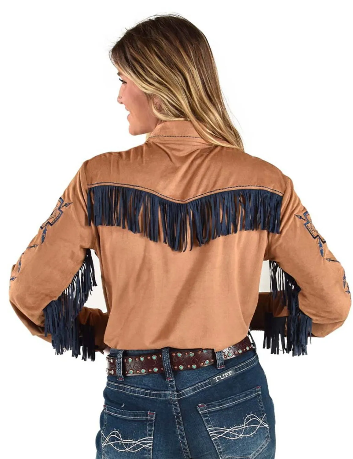 Cool Comfort Cowgirl Tuff Womens Blue Fringe Pullover Tan Polyester L/S Shirt