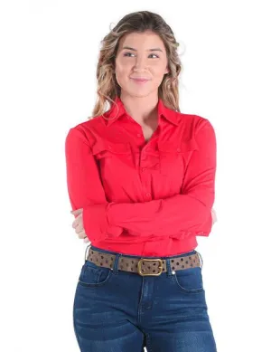 Cowgirl Tuff Womens Breathe Instant Pullover Bright Red Nylon L/S Blouse Casual Comfort Tuckable Hem Casual Comfort Cowgirl Tuff Womens Breathe Instant Pullover Bright Red Nylon L/S Blouse