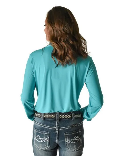natural fiber Casual Look Cowgirl Tuff Womens Breathe Instant Pullover Turquoise Nylon L/S Blouse