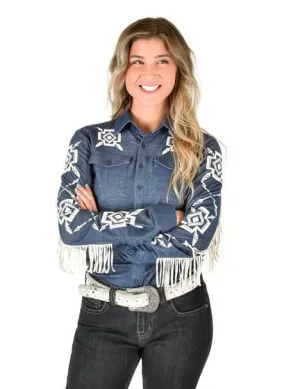Cowgirl Tuff Womens Cream Aztec Fringe Denim Rayon/Poly L/S Shirt Non Iron Workwear Option Seamless Shoulder Cowgirl Tuff Womens Cream Aztec Fringe Denim Rayon/Poly L/S Shirt