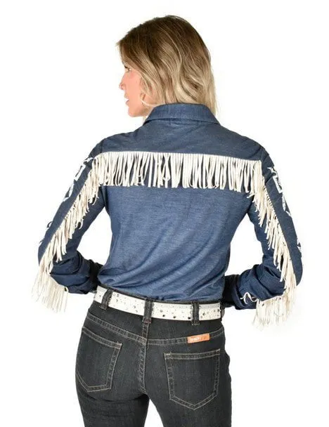 Eco Friendly Dye Double Stitched Seams Cowgirl Tuff Womens Cream Aztec Fringe Denim Rayon/Poly L/S Shirt