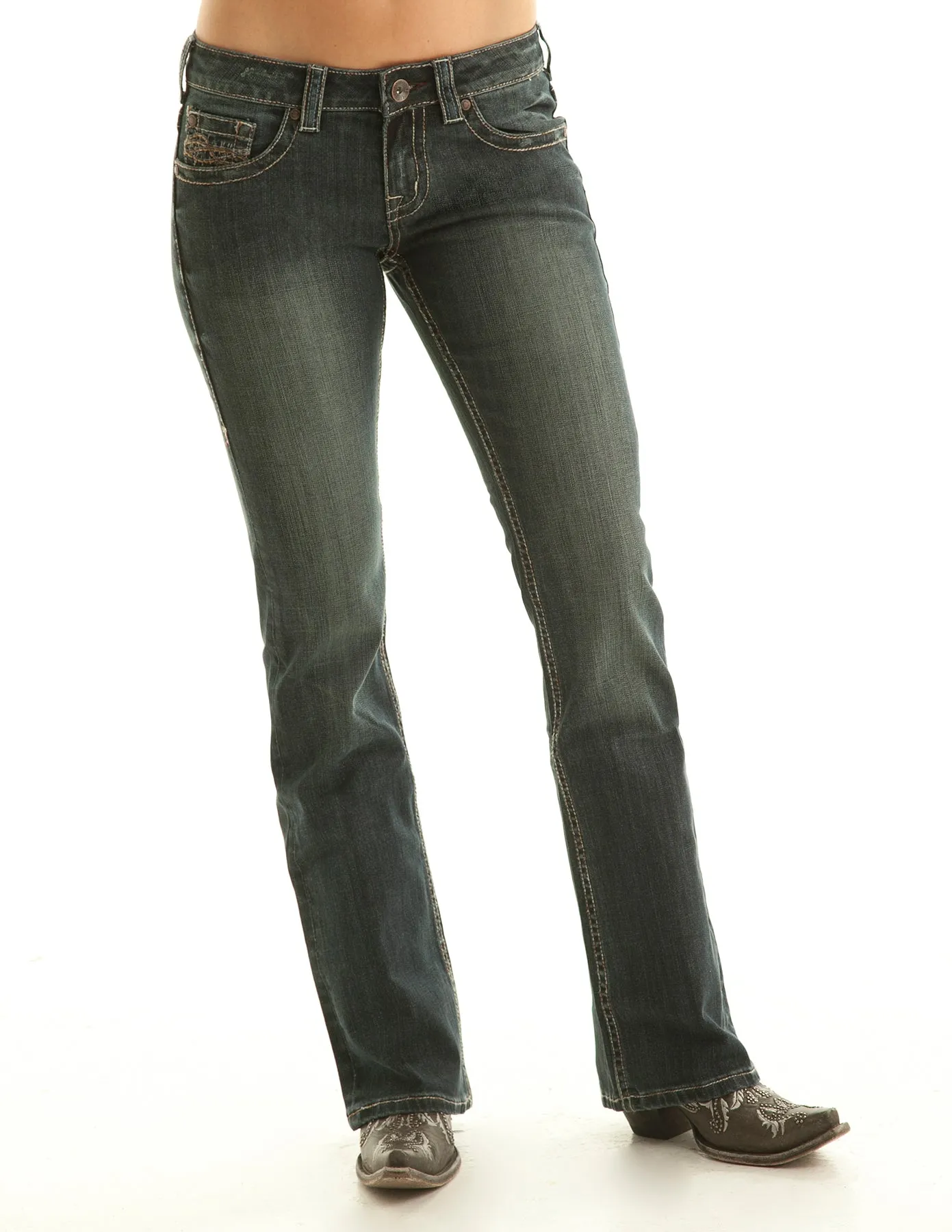 Cowgirl Tuff Womens Don't Fence Me In Dark Wash Cotton Blend Jeans Daily Style