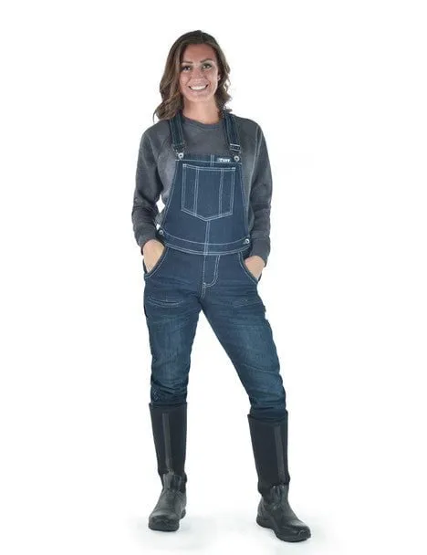 Unisex Friendly Cowgirl Tuff Womens Flannel Tuck-In Dark Wash Cotton Blend Bib Overall