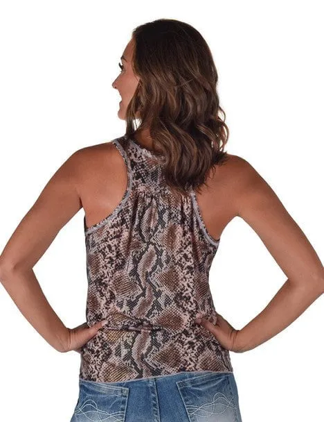 Cowgirl Tuff Womens Flowy Snake Dusty Pink Poly/Spandex S/L Tank Top Smooth Seam Finish Quick Release Placket