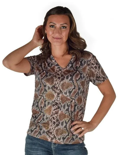 Weekend Outfit Cowgirl Tuff Womens Flowy V-Neck Snake Dusty Pink Poly/Spandex S/S T-Shirt