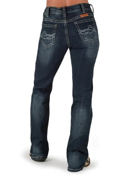 Cowgirl Tuff Womens Lisa's Legacy Dark Wash Cotton Blend Jeans Luxury Textured Athlete Fit Clean Piece