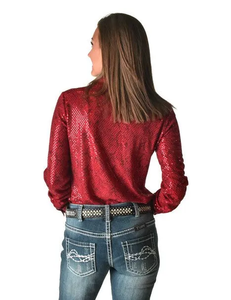 Warm Layers Lounge Comfort Cowgirl Tuff Womens Metallic Snakeskin Bling Red Poly/Spandex L/S Blouse