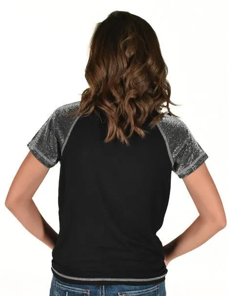 Cowgirl Tuff Womens Never Give Up Shimmer Black Nylon S/S T-Shirt Chic Design