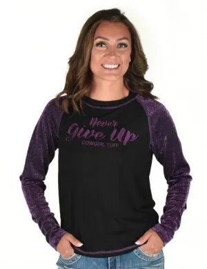 Cowgirl Tuff Womens Never Give Up Shimmer Purple Nylon L/S T-Shirt Everyday Twist Cowgirl Tuff Womens Never Give Up Shimmer Purple Nylon L/S T-Shirt Flex Knit Waist Panel