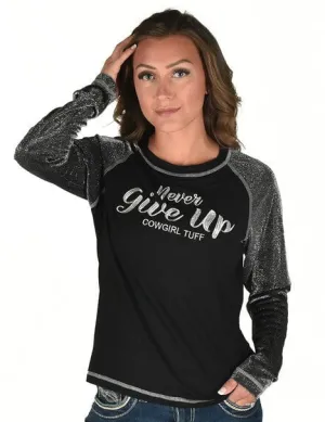 Cowgirl Tuff Womens Never Give Up Shimmer Silver Nylon L/S T-Shirt Tailored Feel elastic waistband Chic Design Cowgirl Tuff Womens Never Give Up Shimmer Silver Nylon L/S T-Shirt