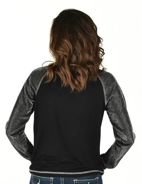 Lightweight Morning Stroll Durable Raw Hem Design Cowgirl Tuff Womens Never Give Up Shimmer Silver Nylon L/S T-Shirt