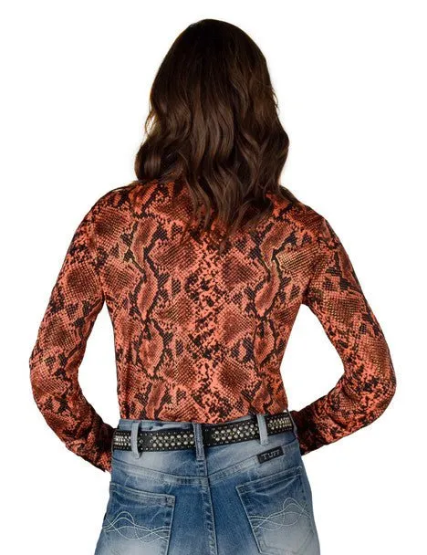 Cowgirl Tuff Womens Pullover Snake Orange Polyester L/S Shirt Classic Color