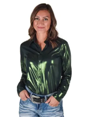 Cowgirl Tuff Womens Shiny Metallic Dark Green Polyester L/S Shirt Vibrant Prints Lakeside Relaxation Chic Ensemble Cowgirl Tuff Womens Shiny Metallic Dark Green Polyester L/S Shirt