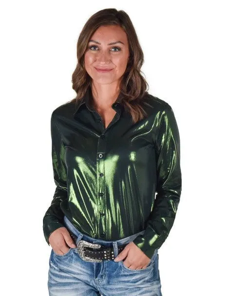 Versatile Layer Cowgirl Tuff Womens Shiny Metallic Dark Green Polyester L/S Shirt