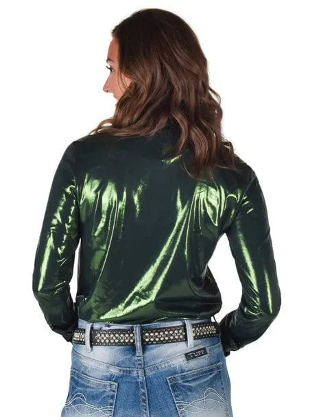 Cowgirl Tuff Womens Shiny Metallic Dark Green Polyester L/S Shirt Quick Dry Technology Minimalist fashion