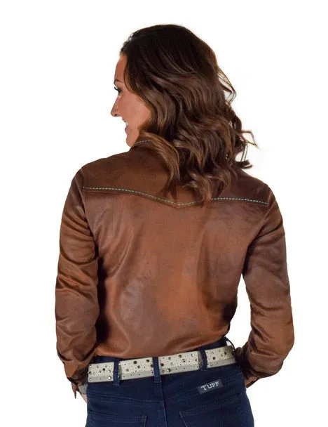 Cowgirl Tuff Womens Turquoise Thread Brown Polyester L/S Shirt Seamless Shoulder